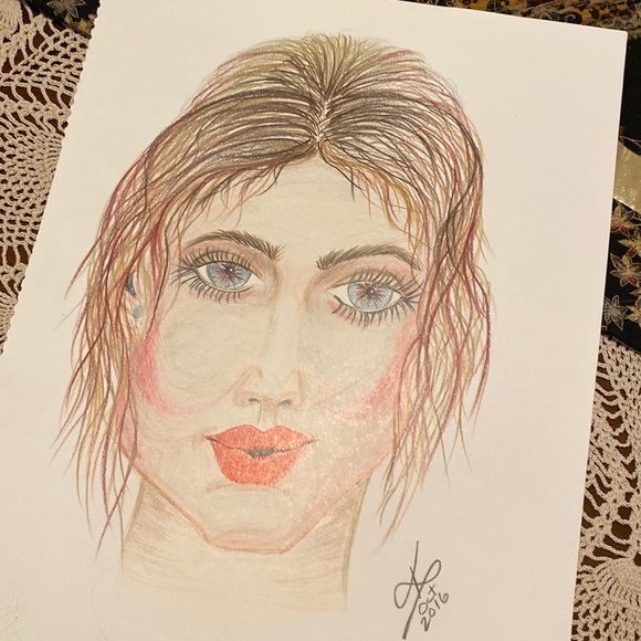 Unframed Original Art Portrait Drawing Pencil Crayon Beautiful Eyes - Picture 2 of 2